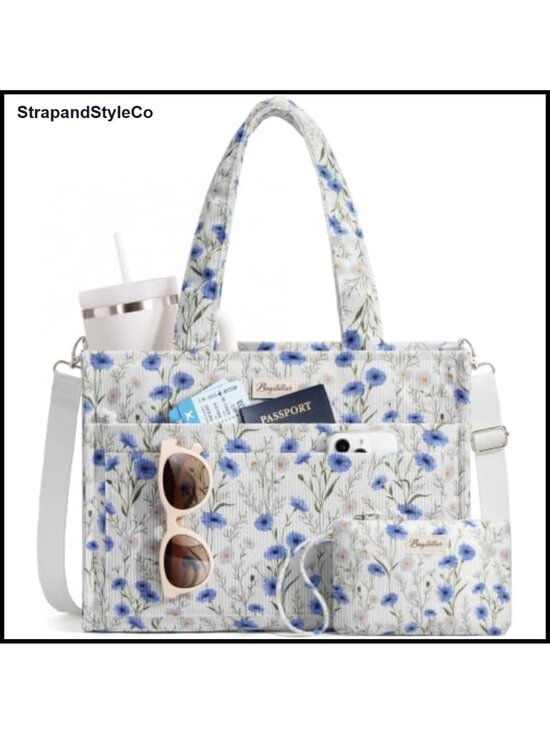 Handbags - Corduroy Tote Bag with 15 Pockets Laptop Compartment